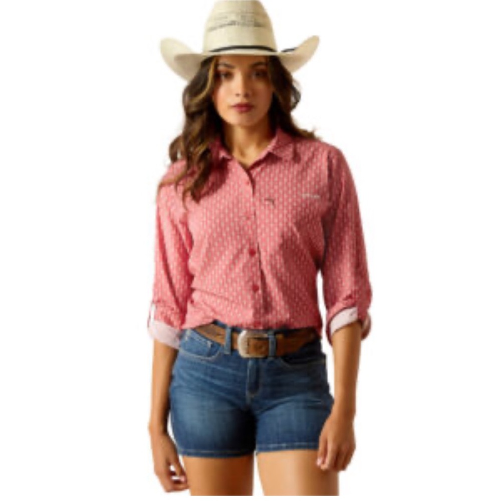 Buffalo Pink Polka Dot Button Shirt -logo -roll up sleeve button detail -SZM EUC